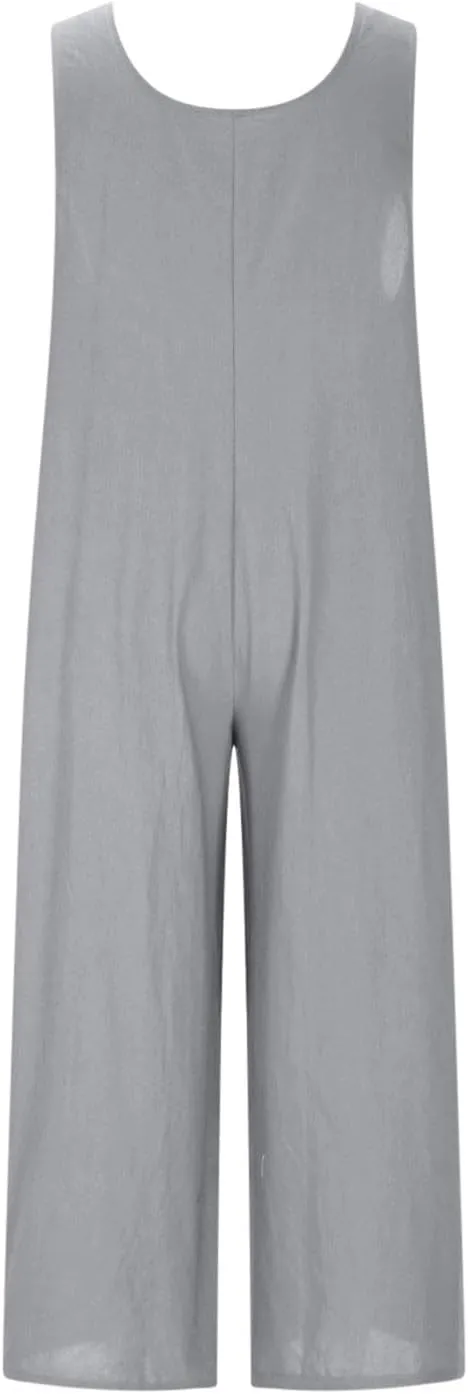 HGps8w Women's 2025 Summer Casual Cotton Linen One Piece Jumpsuits Button Down Loose Wide Leg Pants Rompers Beach Outfits