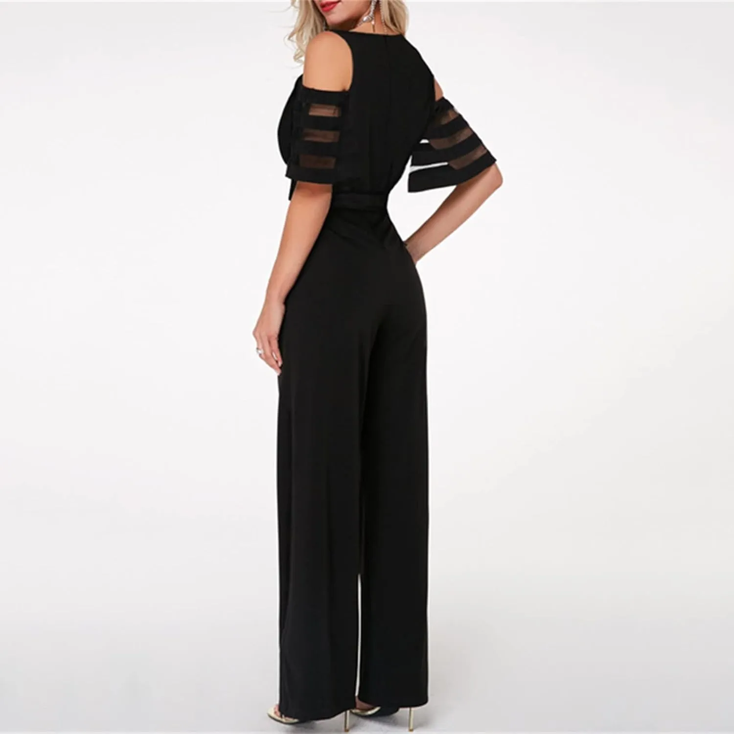 HGps8w Women's Cold Shoulder Dressy Jumpsuits Elegant Mesh Sleeve Belted High Waisted Wide Leg Rompers Formal Pantsuits