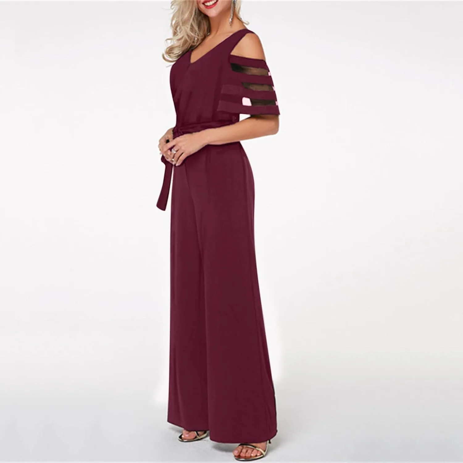 HGps8w Women's Cold Shoulder Dressy Jumpsuits Elegant Mesh Sleeve Belted High Waisted Wide Leg Rompers Formal Pantsuits