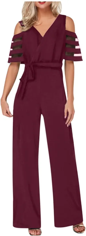 HGps8w Women's Cold Shoulder Dressy Jumpsuits Elegant Mesh Sleeve Belted High Waisted Wide Leg Rompers Formal Pantsuits