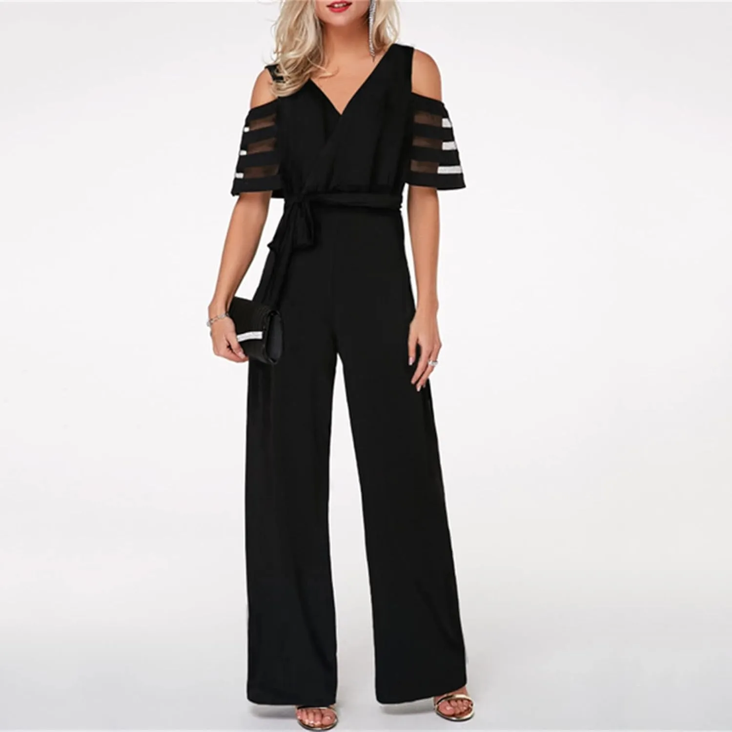 HGps8w Women's Cold Shoulder Dressy Jumpsuits Elegant Mesh Sleeve Belted High Waisted Wide Leg Rompers Formal Pantsuits