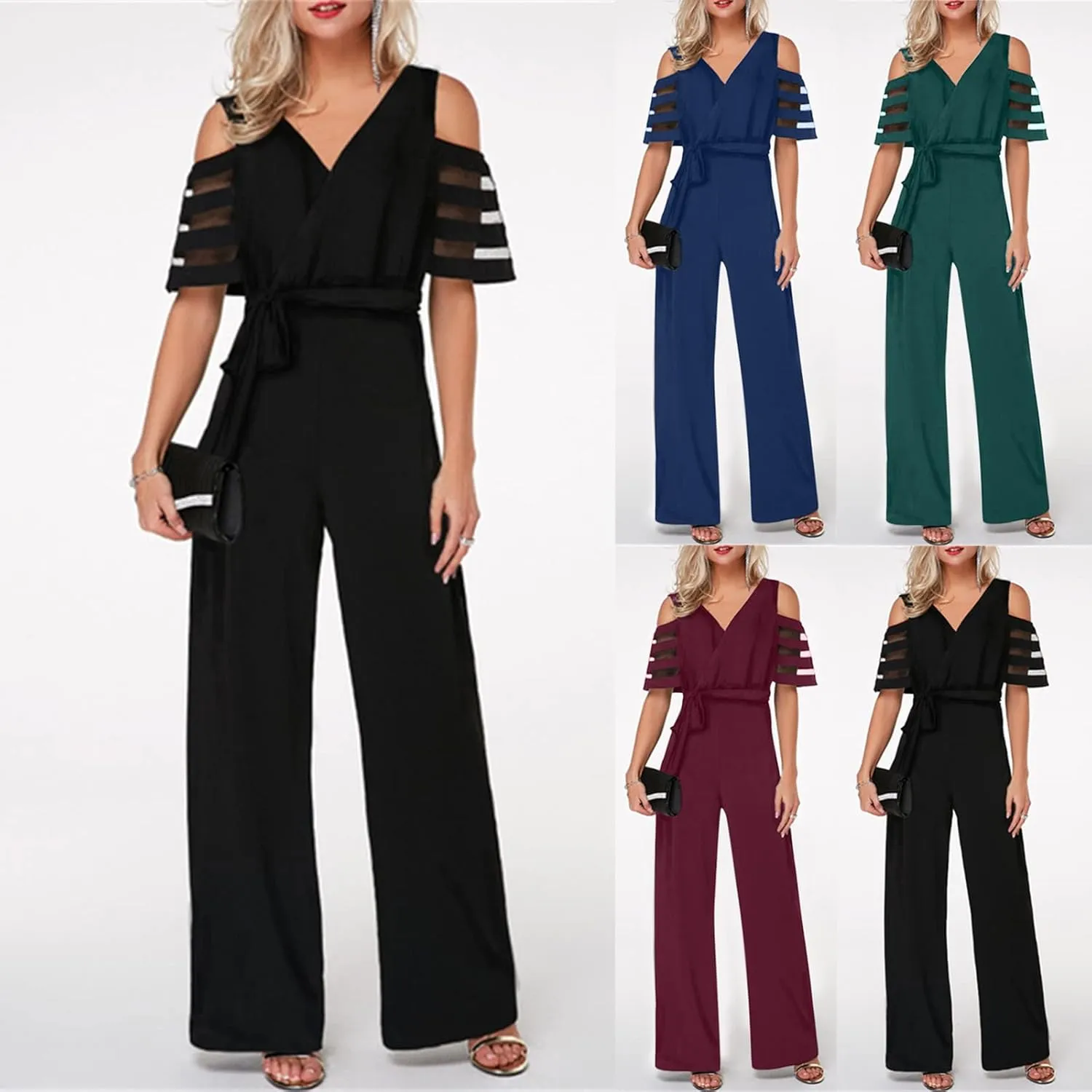 HGps8w Women's Cold Shoulder Dressy Jumpsuits Elegant Mesh Sleeve Belted High Waisted Wide Leg Rompers Formal Pantsuits