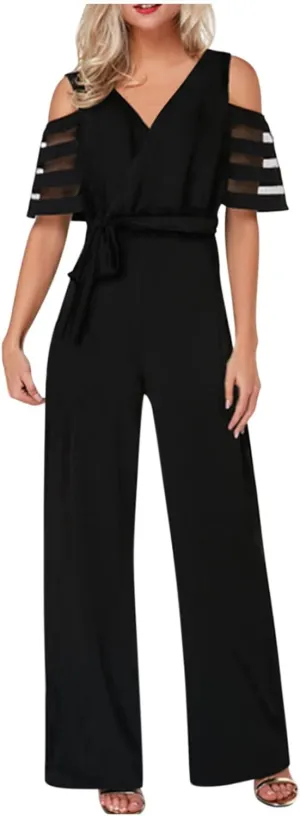 HGps8w Women's Cold Shoulder Dressy Jumpsuits Elegant Mesh Sleeve Belted High Waisted Wide Leg Rompers Formal Pantsuits