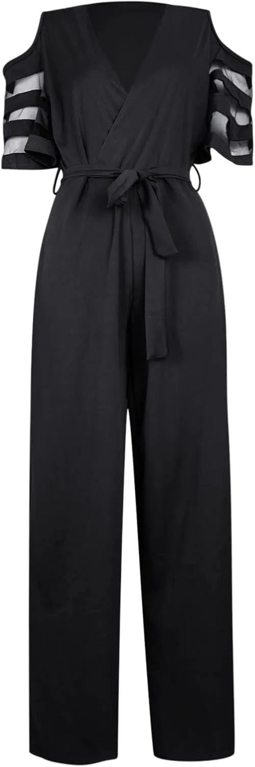 HGps8w Women's Cold Shoulder Dressy Jumpsuits Elegant Mesh Sleeve Belted High Waisted Wide Leg Rompers Formal Pantsuits