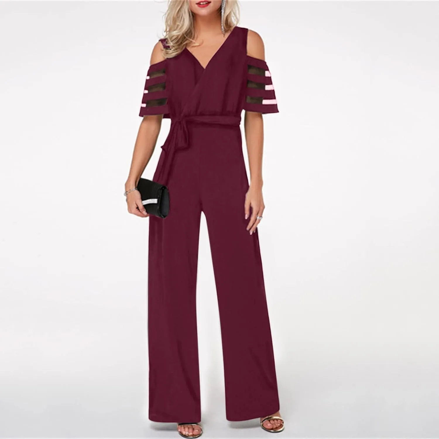 HGps8w Women's Cold Shoulder Dressy Jumpsuits Elegant Mesh Sleeve Belted High Waisted Wide Leg Rompers Formal Pantsuits