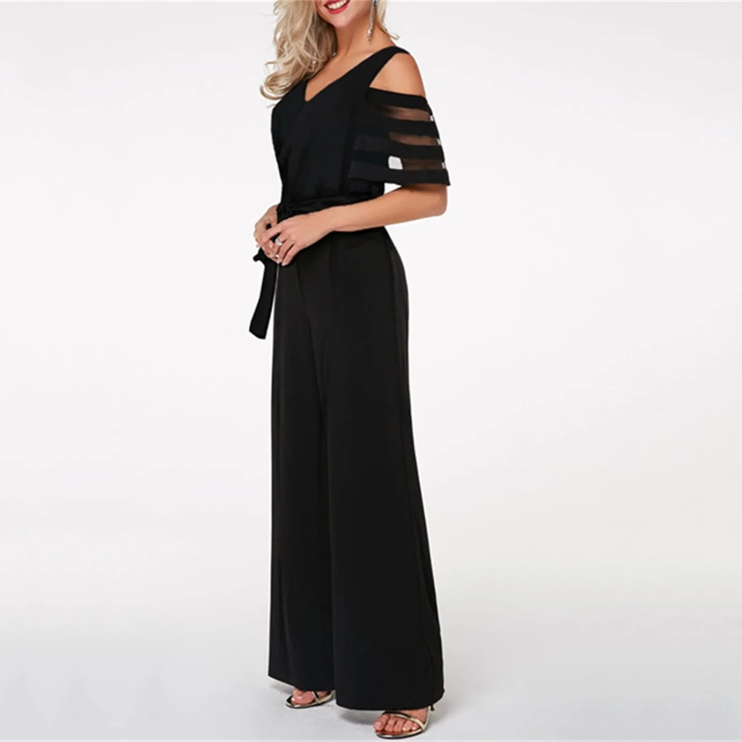 HGps8w Women's Cold Shoulder Dressy Jumpsuits Elegant Mesh Sleeve Belted High Waisted Wide Leg Rompers Formal Pantsuits