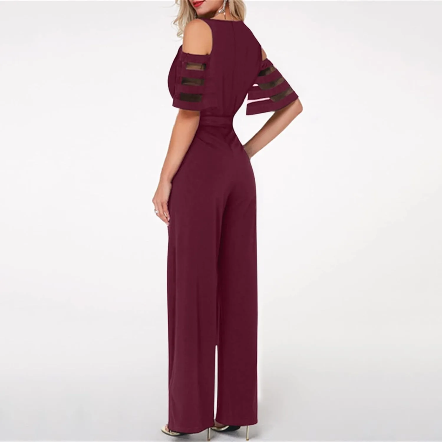 HGps8w Women's Cold Shoulder Dressy Jumpsuits Elegant Mesh Sleeve Belted High Waisted Wide Leg Rompers Formal Pantsuits