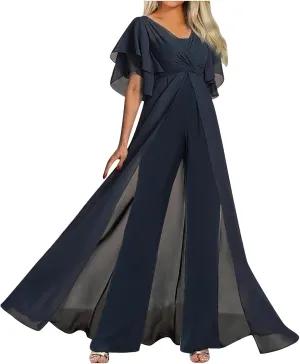 HGps8w Women's Dressy Cold Shoulder Jumpsuits 2025 Summer Elegant Rhinestones V Neck Flowy Straight Leg Formal Party Rompers