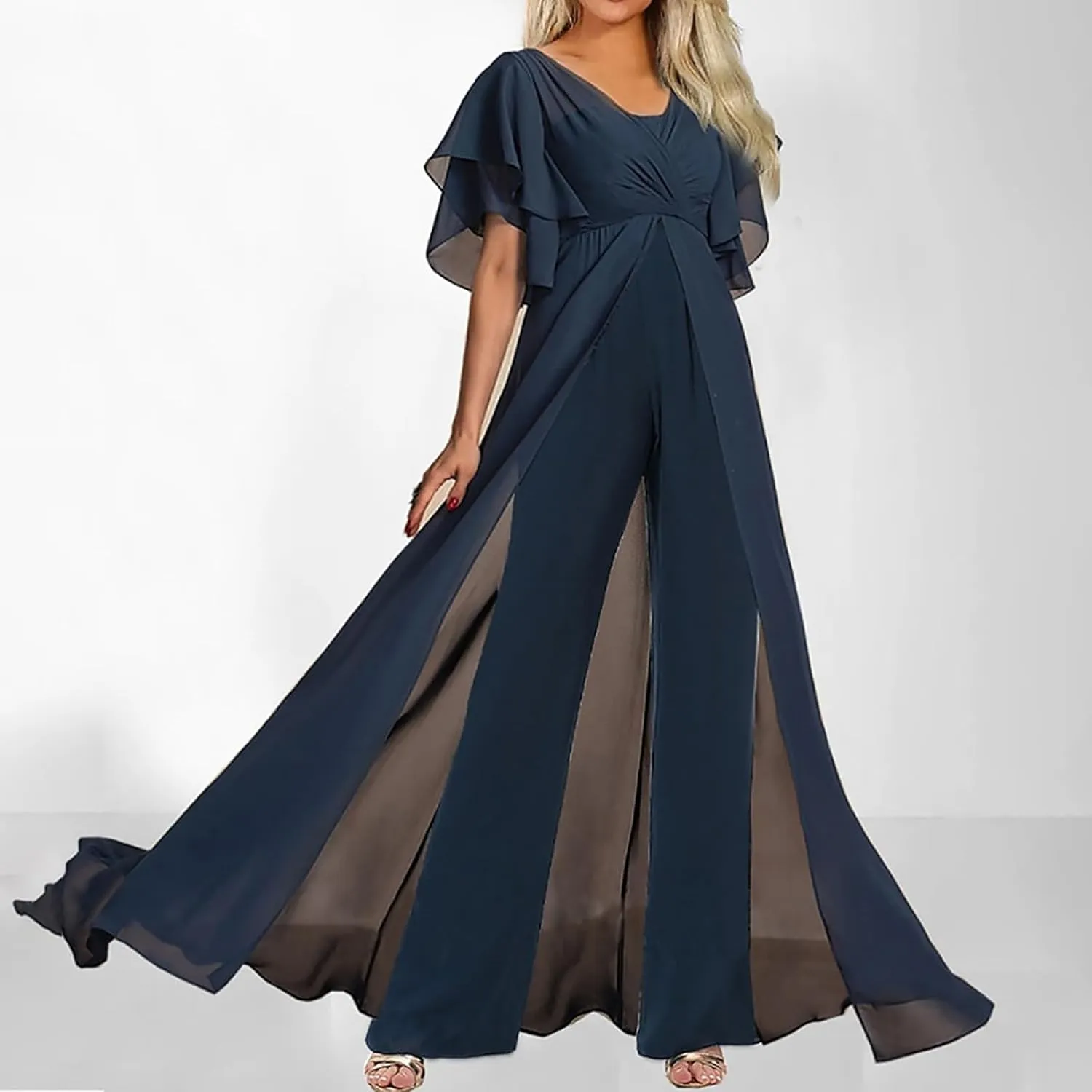 HGps8w Women's Dressy Cold Shoulder Jumpsuits 2025 Summer Elegant Rhinestones V Neck Flowy Straight Leg Formal Party Rompers