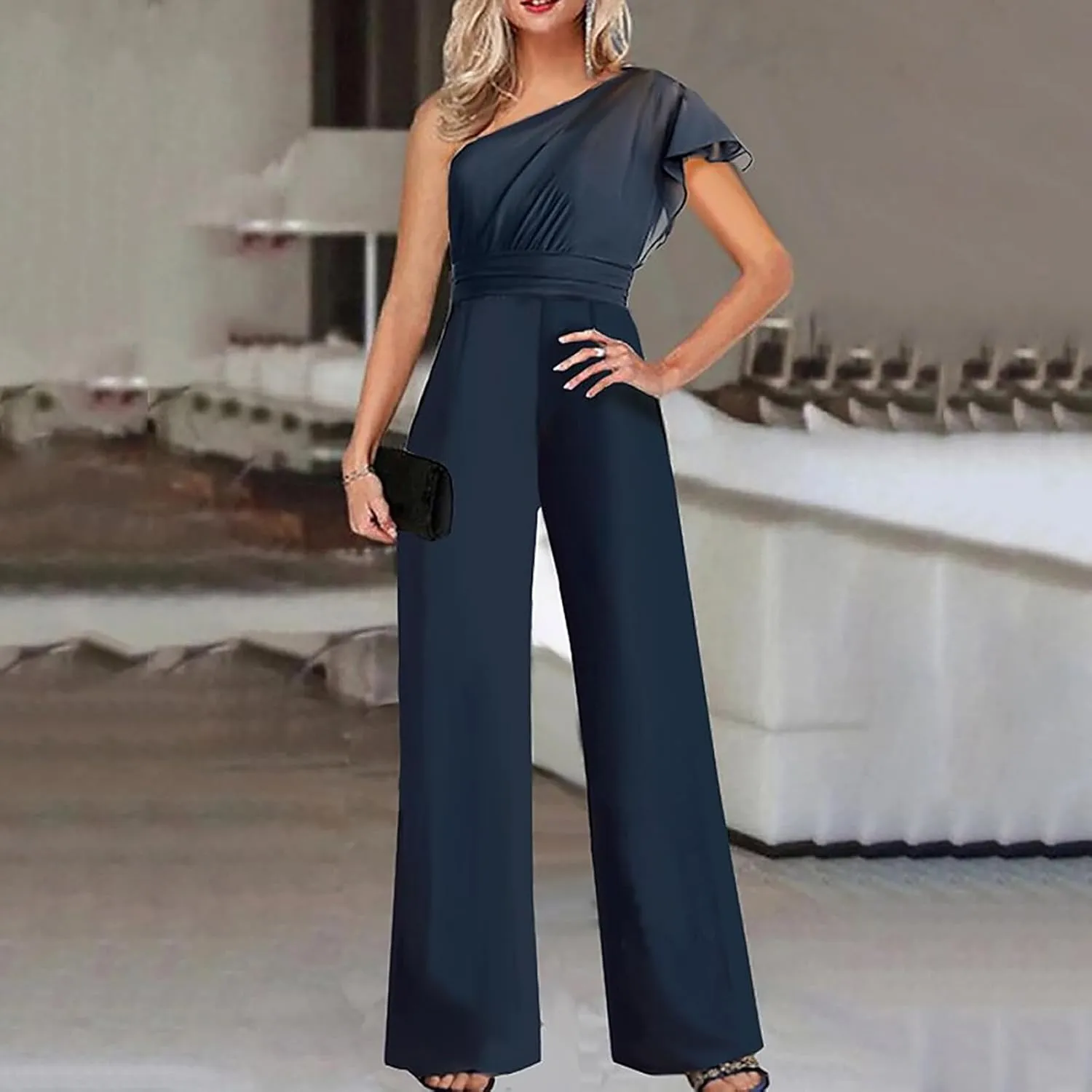HGps8w Women's Dressy One Shoulder Jumpsuits 2025 Summer Elegant High Waisted Straight Leg Formal Pantsuits Rompers