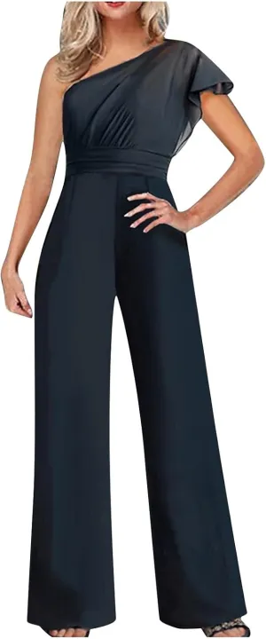 HGps8w Women's Dressy One Shoulder Jumpsuits 2025 Summer Elegant High Waisted Straight Leg Formal Pantsuits Rompers