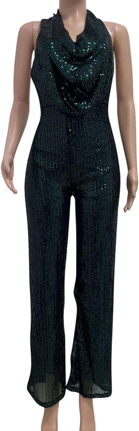 HGps8w Women's Sexy Halter Cowl Neck Sparkly Jumpsuits Clubwear Sleeveless Elegant Sequins Bodycon Wide Leg Pants Rompers