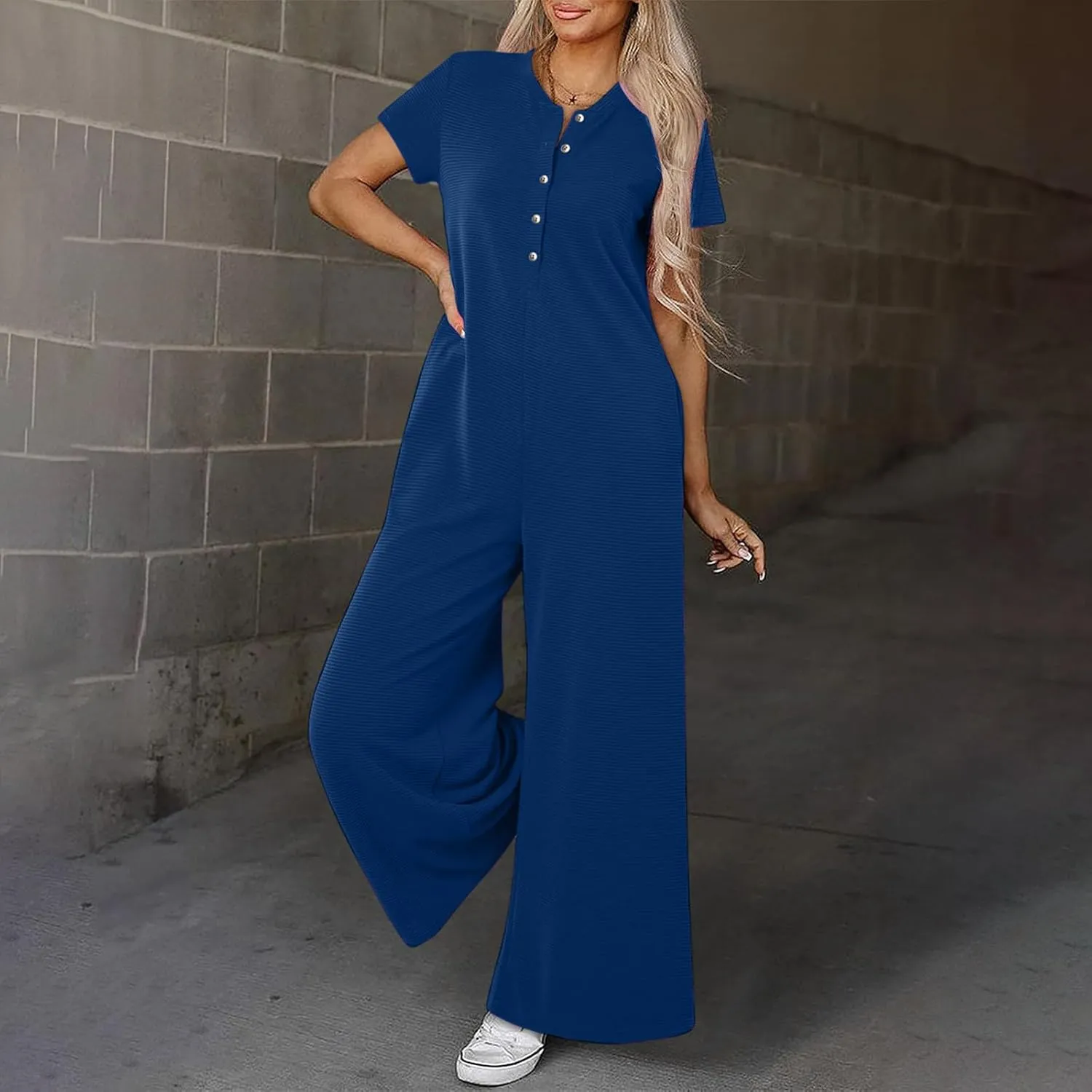 HGps8w Women's Summer Casual Wide Leg Jumpsuits Short Sleeve Loose Button Down Rompers One Piece Outfits with Pockets