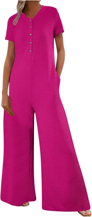 HGps8w Women's Summer Casual Wide Leg Jumpsuits Short Sleeve Loose Button Down Rompers One Piece Outfits with Pockets