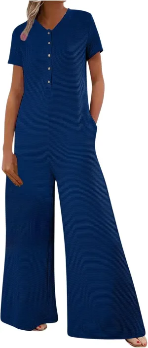 HGps8w Women's Summer Casual Wide Leg Jumpsuits Short Sleeve Loose Button Down Rompers One Piece Outfits with Pockets