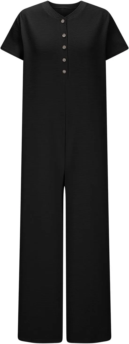 HGps8w Women's Summer Casual Wide Leg Jumpsuits Short Sleeve Loose Button Down Rompers One Piece Outfits with Pockets