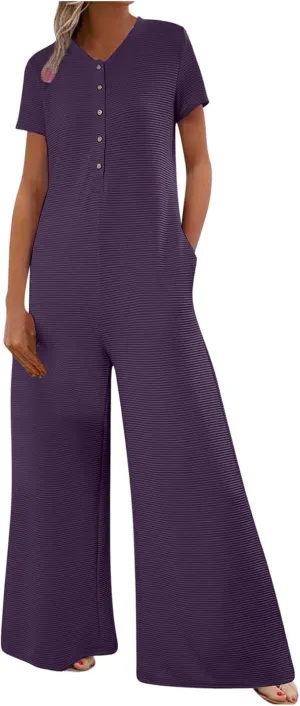 HGps8w Women's Summer Casual Wide Leg Jumpsuits Short Sleeve Loose Button Down Rompers One Piece Outfits with Pockets