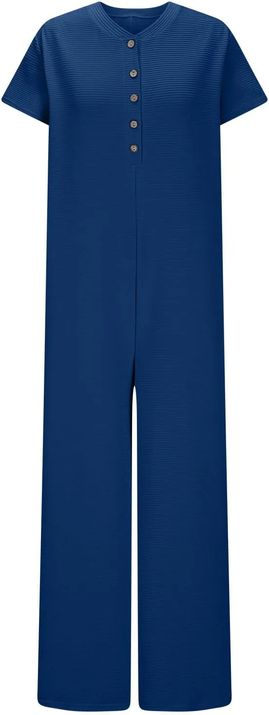 HGps8w Women's Summer Casual Wide Leg Jumpsuits Short Sleeve Loose Button Down Rompers One Piece Outfits with Pockets