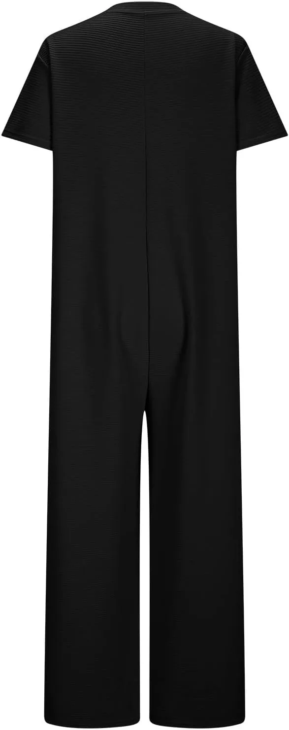 HGps8w Women's Summer Casual Wide Leg Jumpsuits Short Sleeve Loose Button Down Rompers One Piece Outfits with Pockets