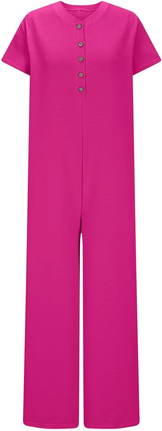 HGps8w Women's Summer Casual Wide Leg Jumpsuits Short Sleeve Loose Button Down Rompers One Piece Outfits with Pockets
