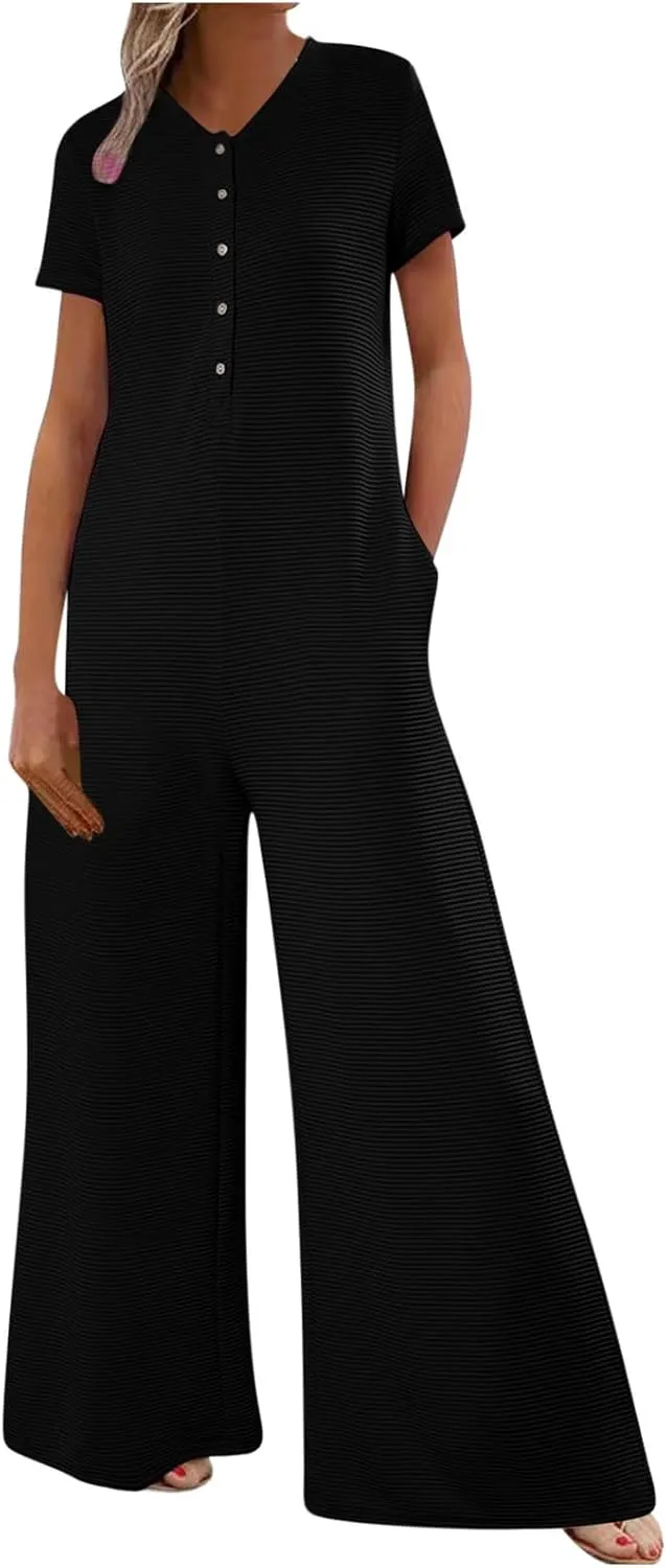 HGps8w Women's Summer Casual Wide Leg Jumpsuits Short Sleeve Loose Button Down Rompers One Piece Outfits with Pockets