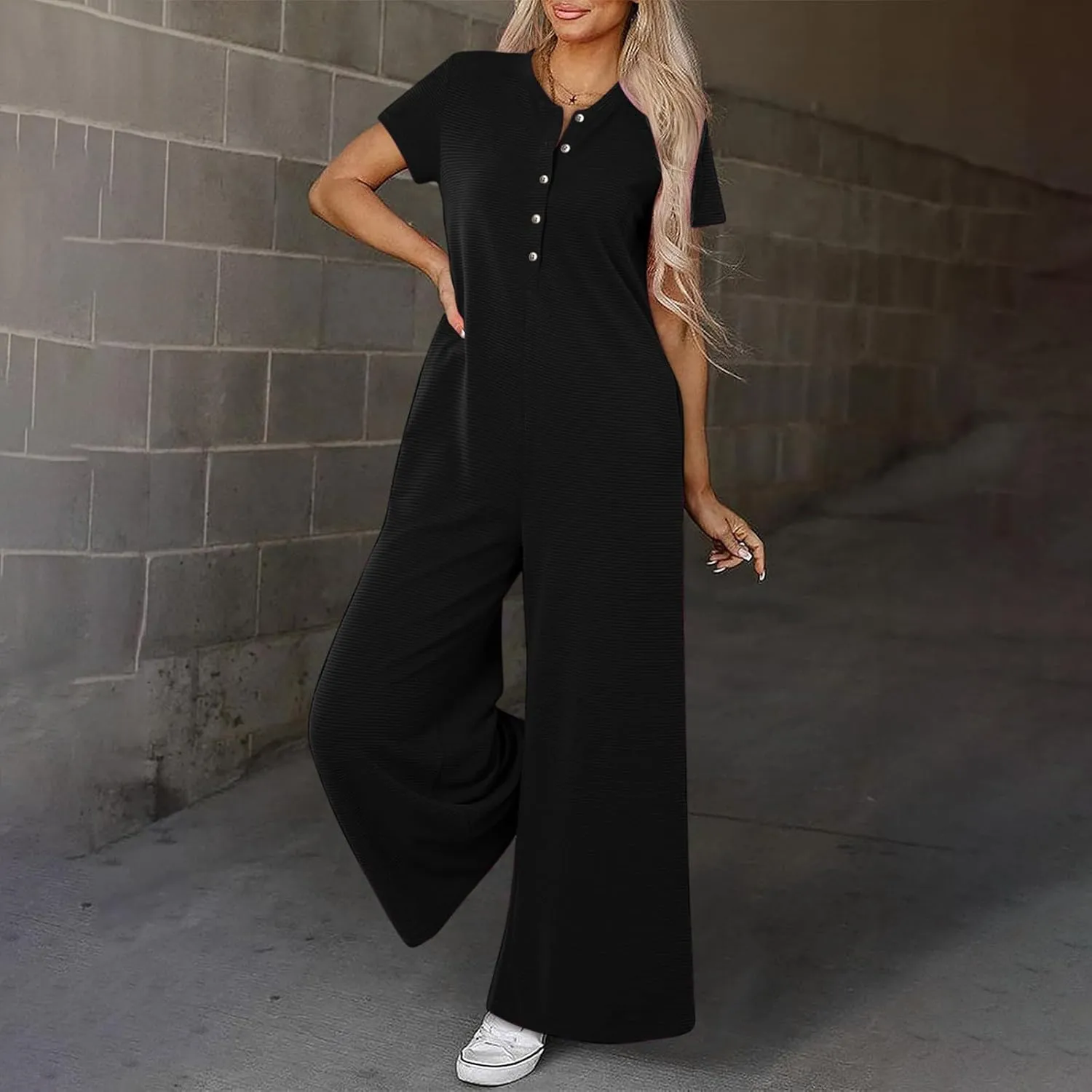 HGps8w Women's Summer Casual Wide Leg Jumpsuits Short Sleeve Loose Button Down Rompers One Piece Outfits with Pockets