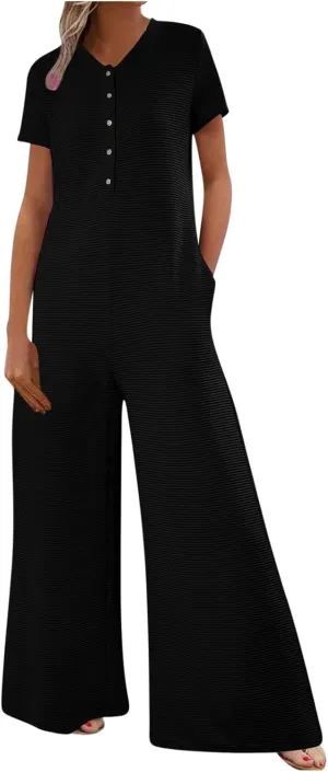 HGps8w Women's Summer Casual Wide Leg Jumpsuits Short Sleeve Loose Button Down Rompers One Piece Outfits with Pockets