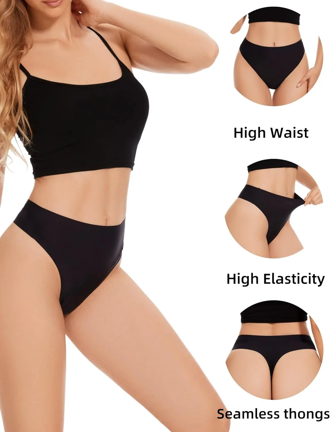 High Waisted Seamless Thongs for Women No Show Thong Breathable Panties Comfortable Underwear 6 Pack