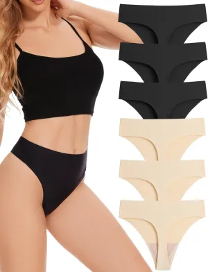 High Waisted Seamless Thongs for Women No Show Thong Breathable Panties Comfortable Underwear 6 Pack
