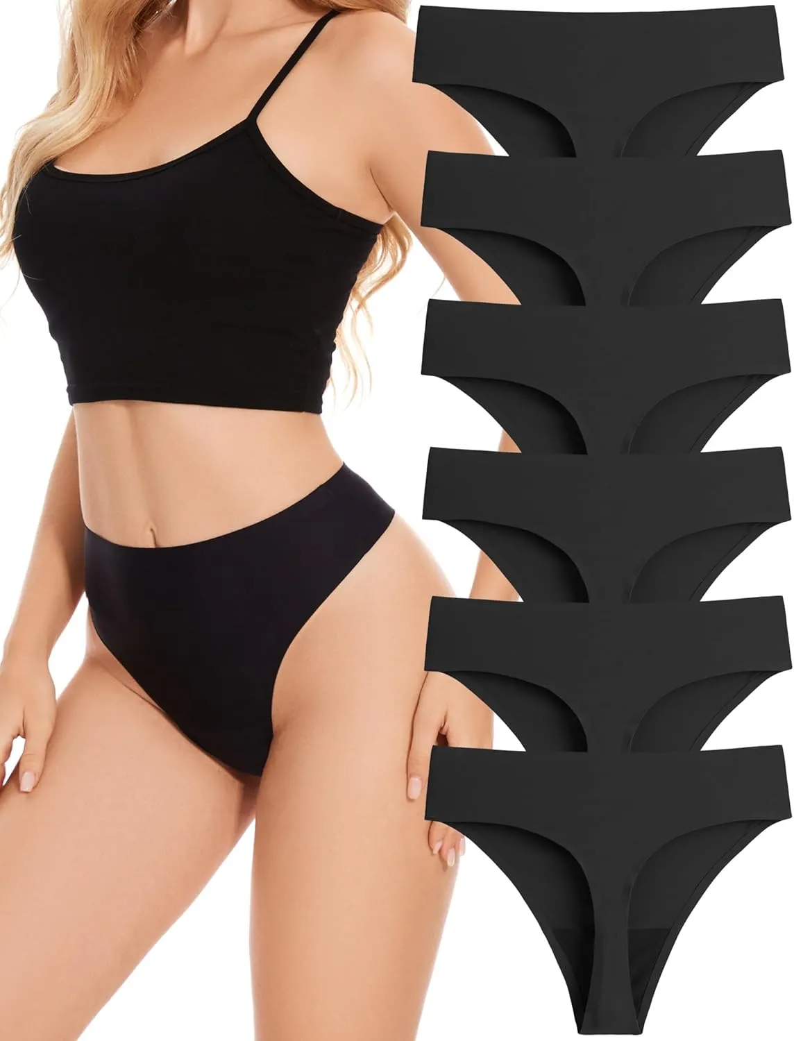 High Waisted Seamless Thongs for Women No Show Thong Breathable Panties Comfortable Underwear 6 Pack