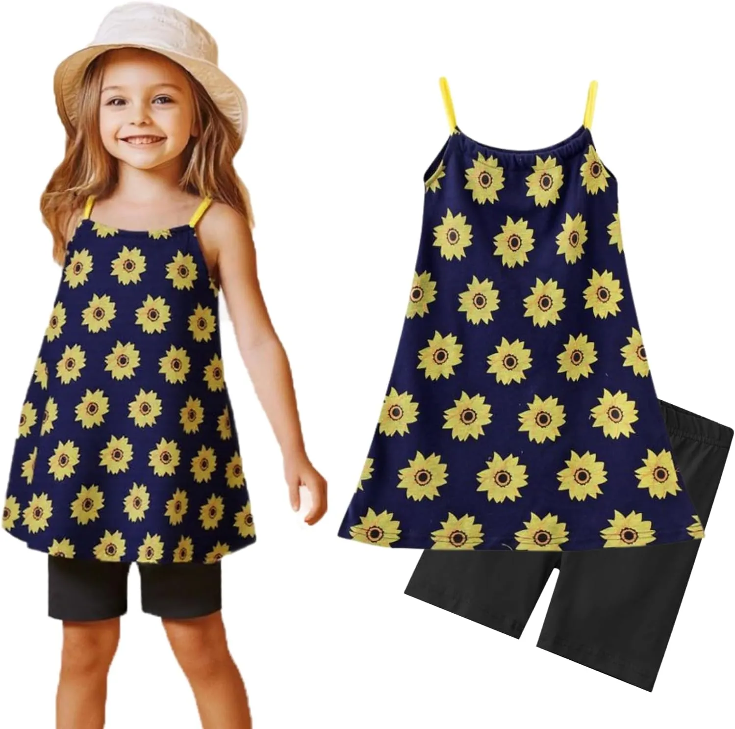 HILEELANG Girl Summer Short Outfits Sets Cami Slip Dress & Shorts Beach Clothing Sets 2-8 Years