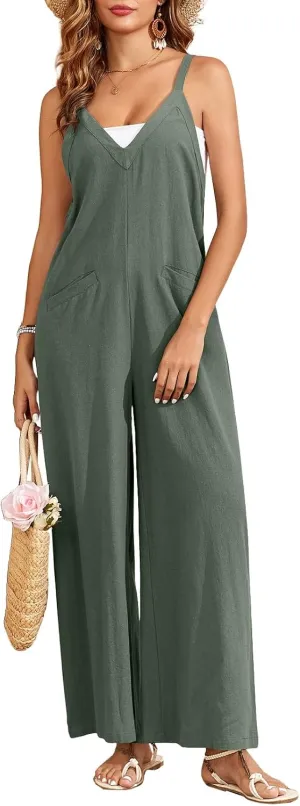 HOTIAN Womens Overalls Jumpsuits V Neck Sleeveless Causal Rompers Jumpers Loose Wide Leg Pants jumpsuit 2025