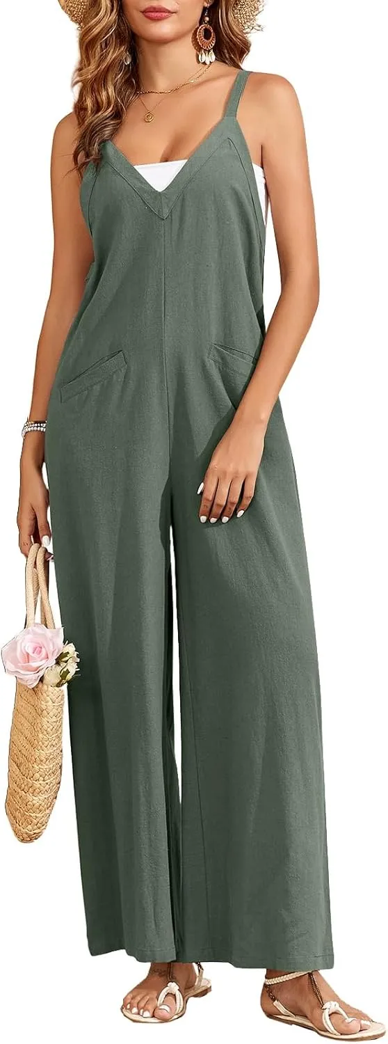 HOTIAN Womens Overalls Jumpsuits V Neck Sleeveless Causal Rompers Jumpers Loose Wide Leg Pants jumpsuit 2025