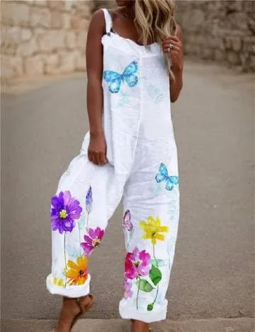 IVERIRMIN Women's Boho Floral Animal Print Hippie Linen Overalls Adjustable Straps Jumpsuits Casual Rompers One Piece Outfits