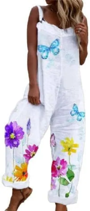 IVERIRMIN Women's Boho Floral Animal Print Hippie Linen Overalls Adjustable Straps Jumpsuits Casual Rompers One Piece Outfits
