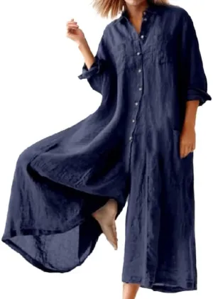 IVERIRMIN Womens Casual Button Down Shirt Wide Leg Cotton Linen Jumpsuits Long Sleeve Palazzo Baggy Rompers One Piece Outfits