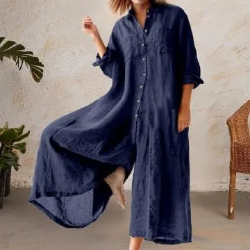 IVERIRMIN Womens Casual Button Down Shirt Wide Leg Cotton Linen Jumpsuits Long Sleeve Palazzo Baggy Rompers One Piece Outfits
