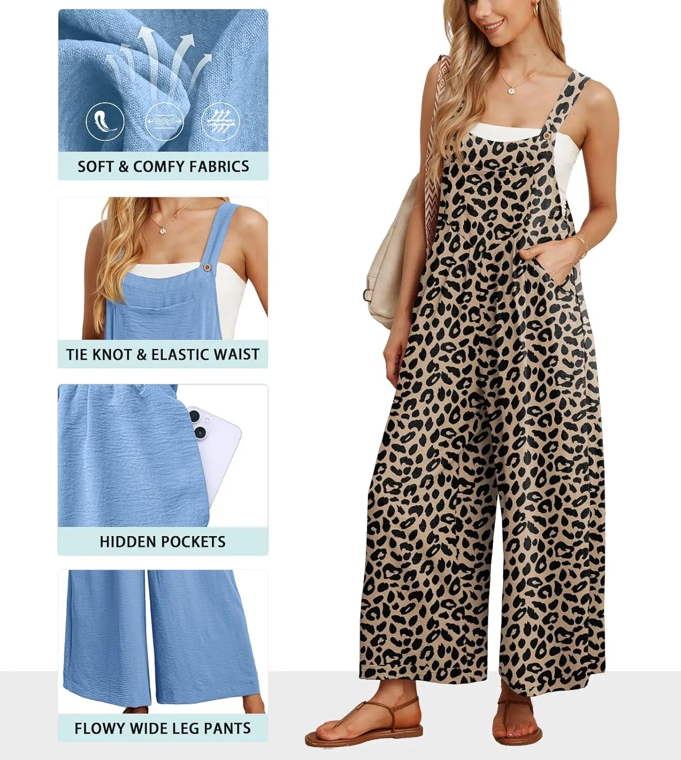 IWOLLENCE Women's Summer Jumpsuits Boho Wide Leg Overalls Casual Loose Rompers with Pockets 2024