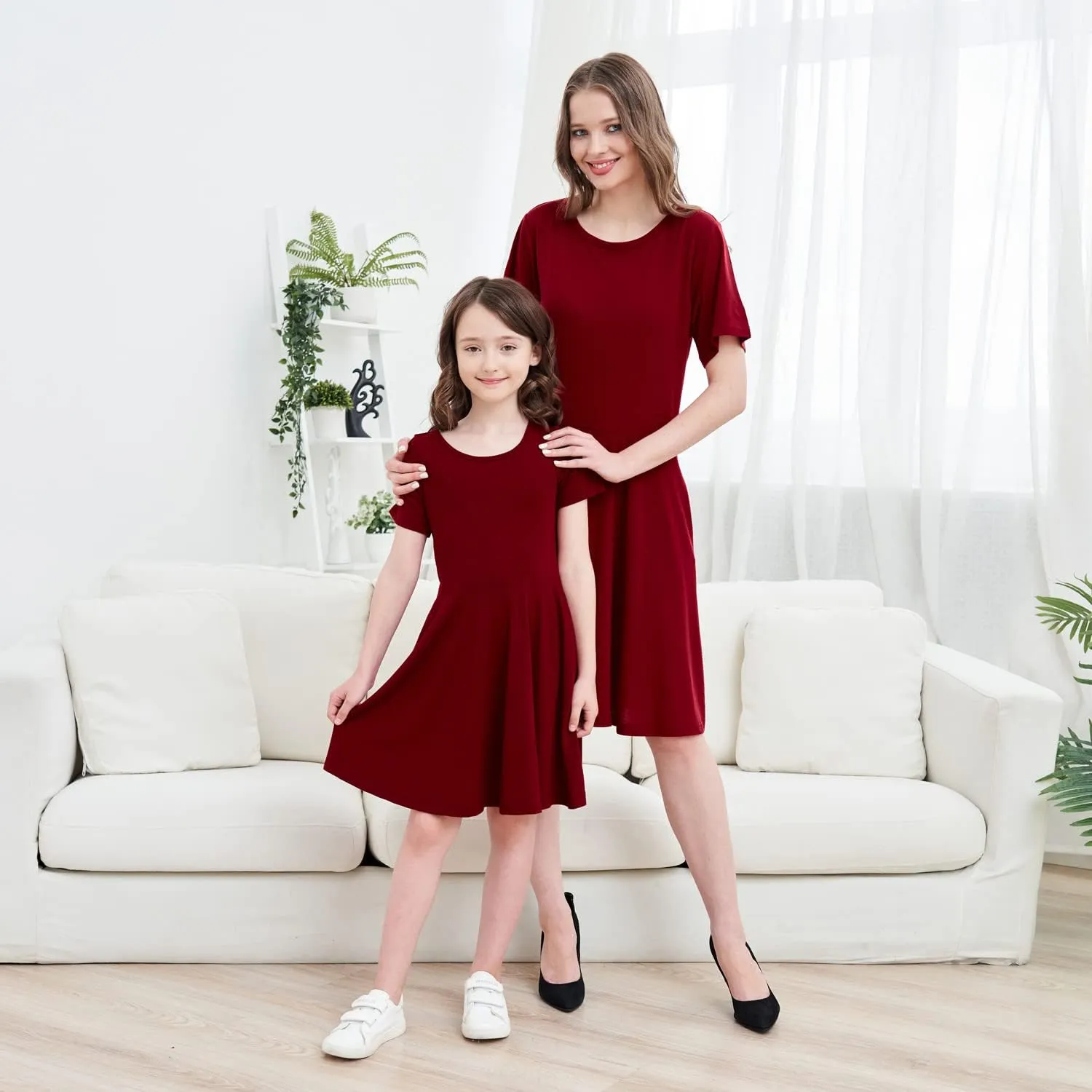 JESKIDS Mommy and Me Matching Short Sleeve Dress Criss Cross A-Line Twirl Skater Dress