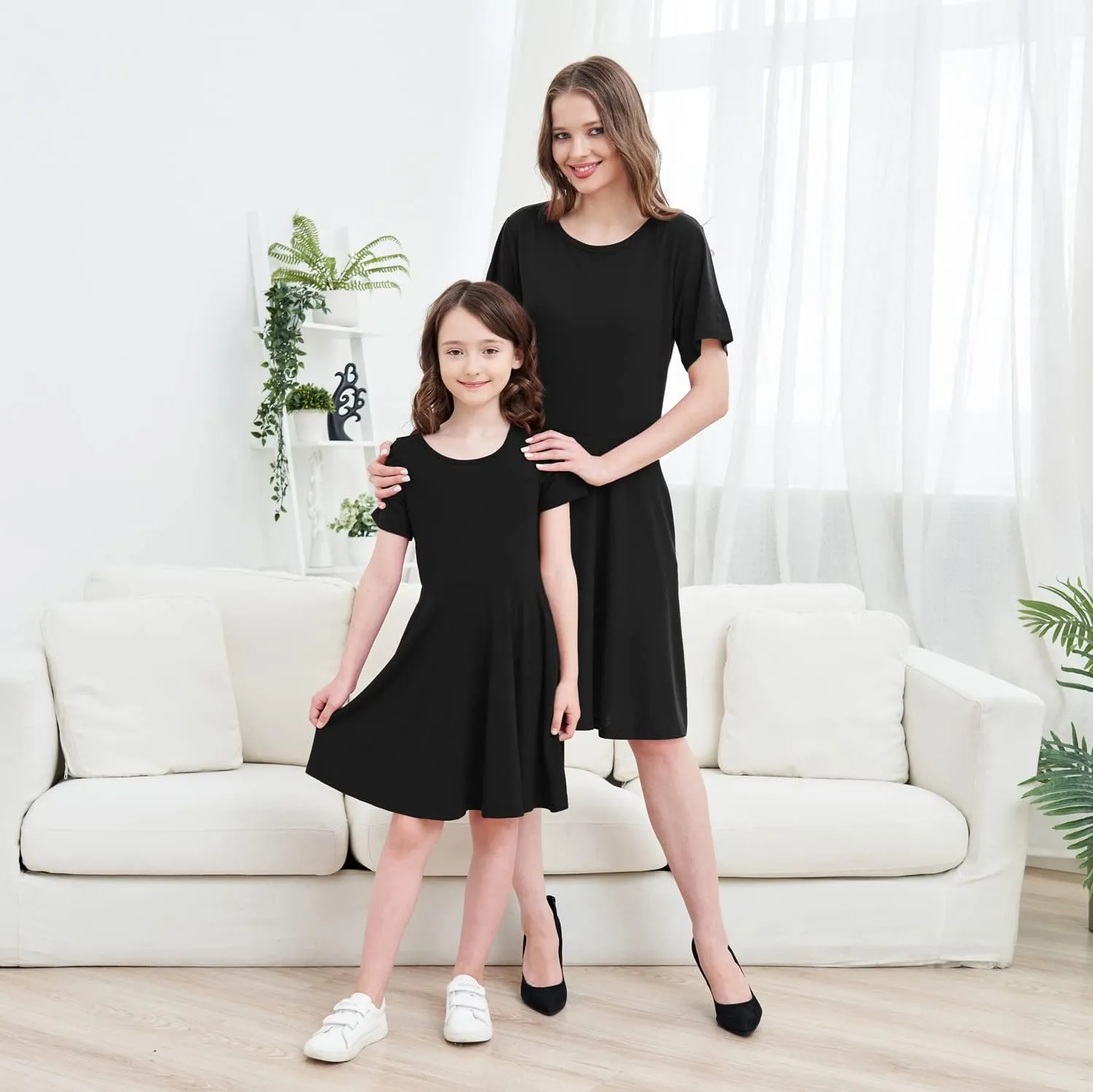 JESKIDS Mommy and Me Matching Short Sleeve Dress Criss Cross A-Line Twirl Skater Dress