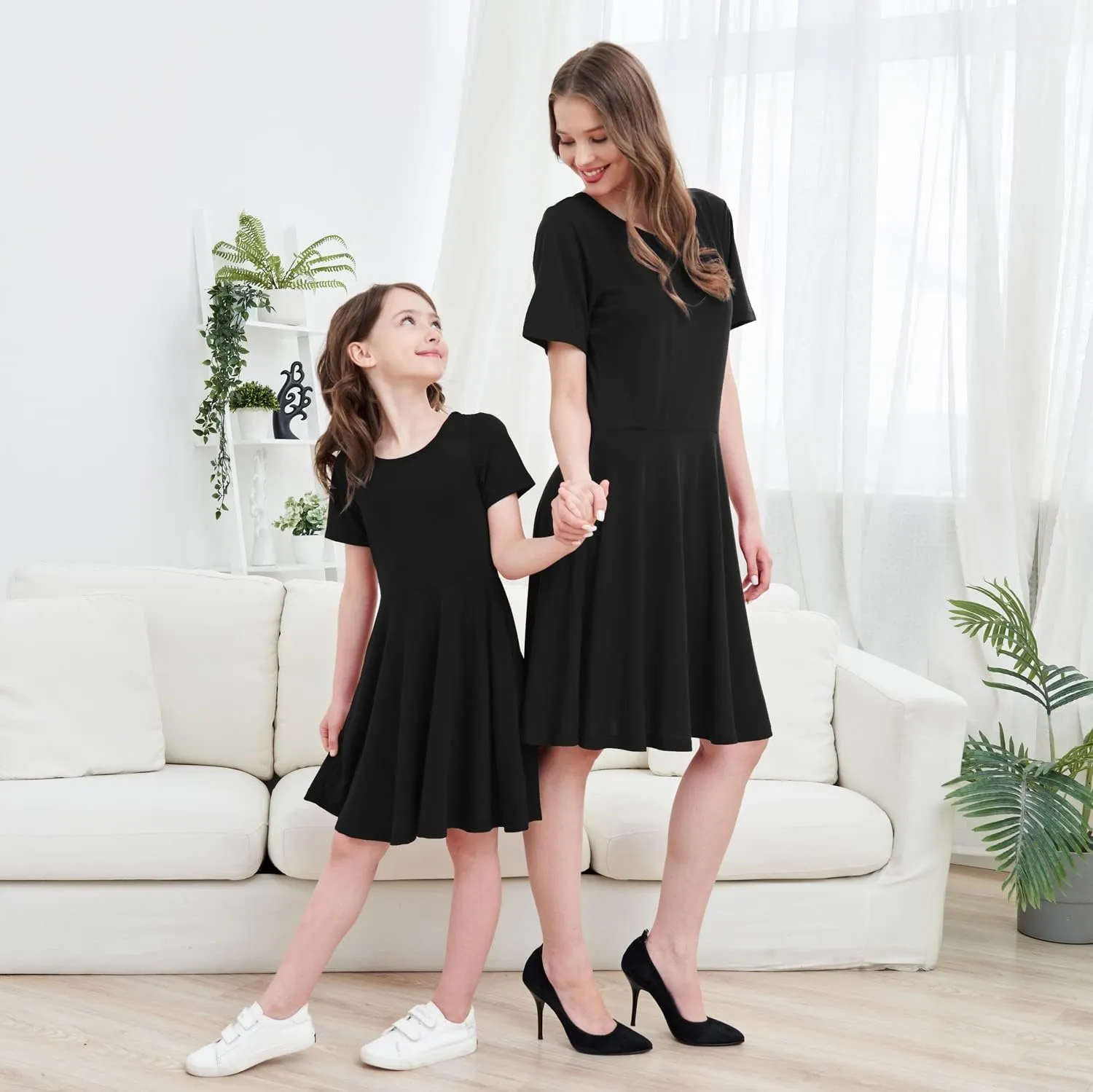JESKIDS Mommy and Me Matching Short Sleeve Dress Criss Cross A-Line Twirl Skater Dress