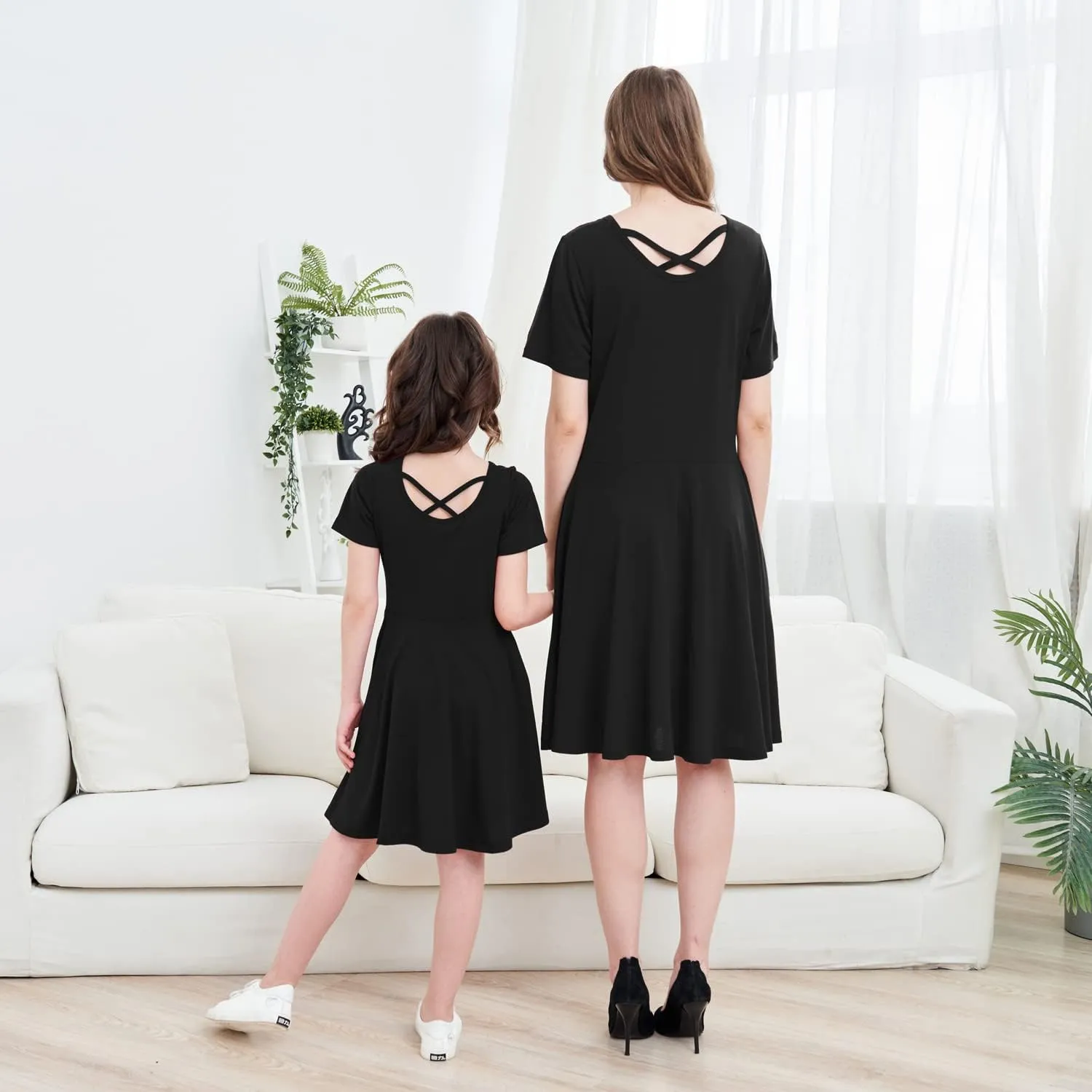 JESKIDS Mommy and Me Matching Short Sleeve Dress Criss Cross A-Line Twirl Skater Dress