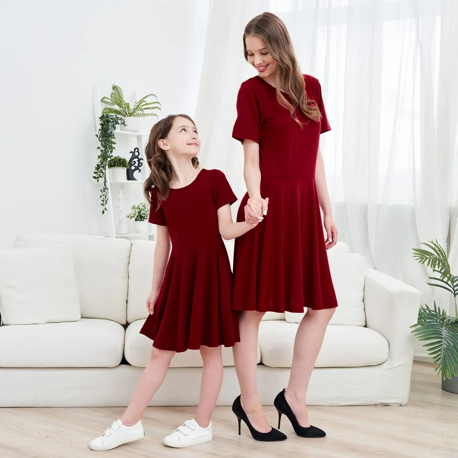 JESKIDS Mommy and Me Matching Short Sleeve Dress Criss Cross A-Line Twirl Skater Dress
