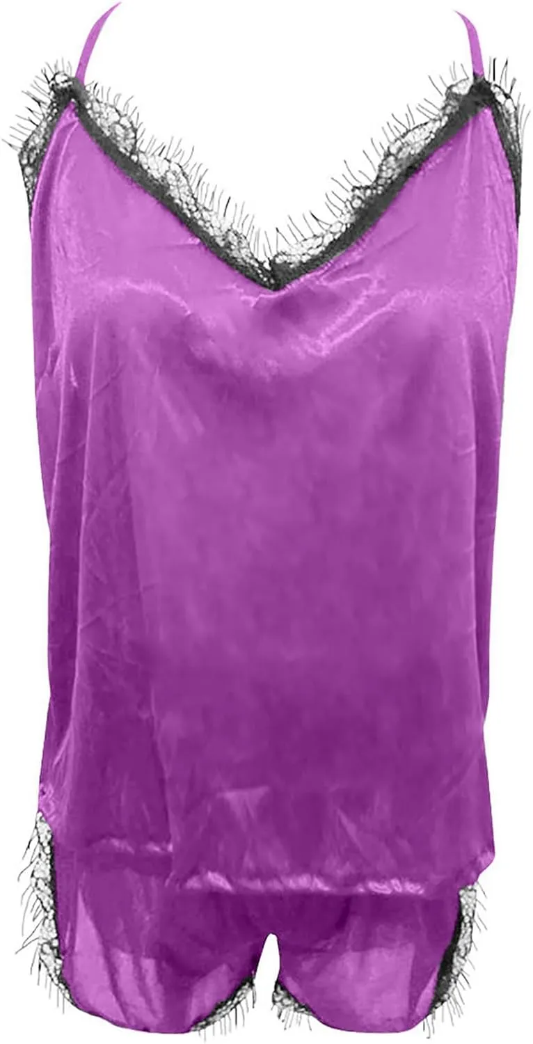 JOAU 2 Piece Pjs Women Sleepwear Lace Trim Pajamas Set V Neck Camisole Top and Drawstring Short Nightwear Sets Loungewear