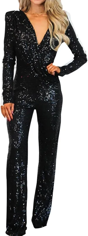 JOAU Sparkly Sequin Jumpsuits for Women Dressy Formal Long Sleeve Party Rompers Wrap V Neck Wide Leg Pants One Piece Outfits