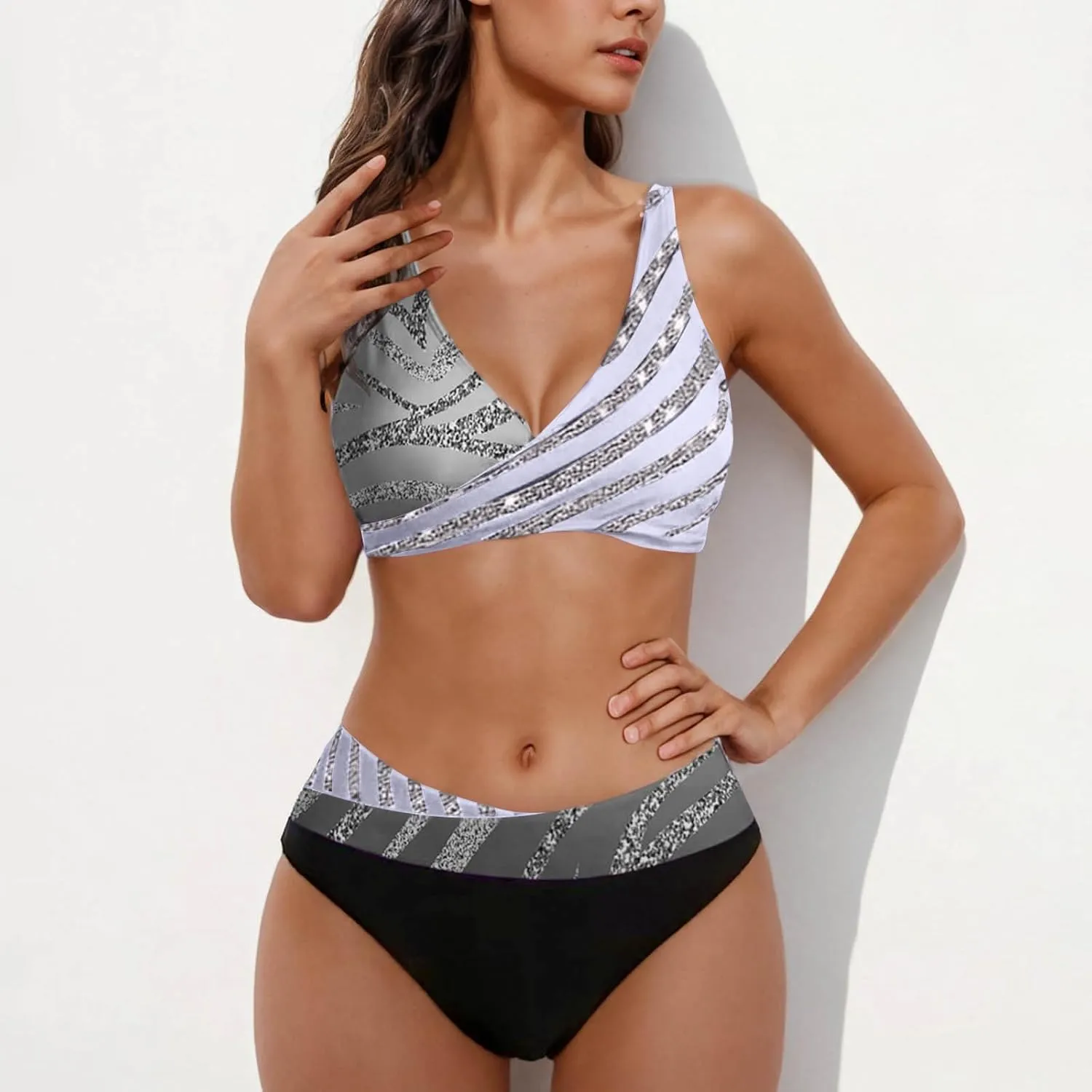 jsaierl Women Bikini Sets Sexy Triangle Bathing Suit Fashion Colourful Striped Print 2 Piece Swimwear Tummy Control Swimsuits