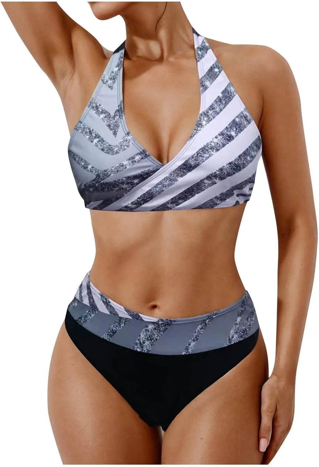 jsaierl Women Bikini Sets Sexy Triangle Bathing Suit Fashion Colourful Striped Print 2 Piece Swimwear Tummy Control Swimsuits