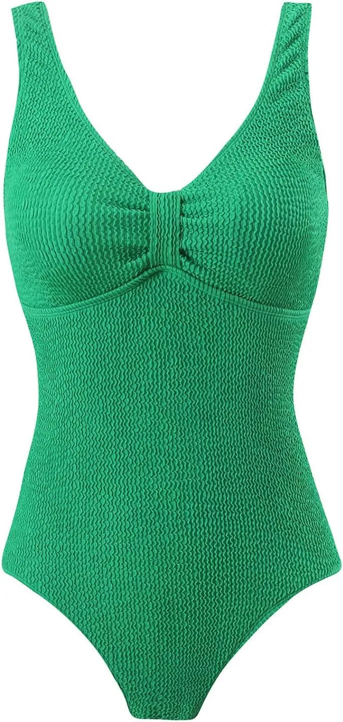 jsaierl Womens Bikini One Piece Swimsuits 2025 Trendy Ribbed High Cut Tummy Control 1 Piece Swimsuit Sexy V Neck Bathing Suit