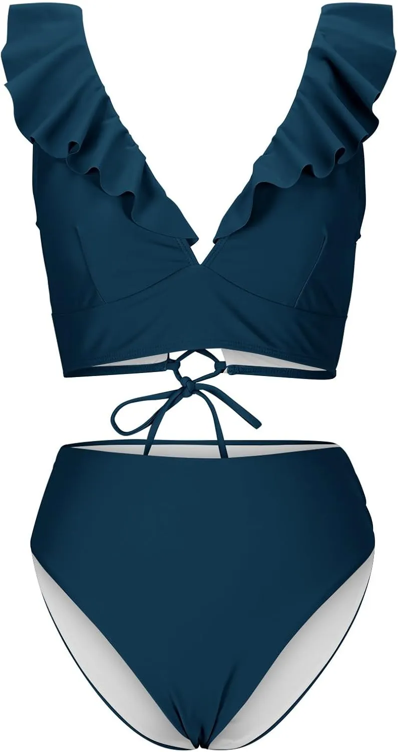 jsaierl Women's High Waisted Bikini Sets Tummy Control Swimsuits Ruffle Sleeve Two Piece Bathing Suit Sexy V Neck Swimwear