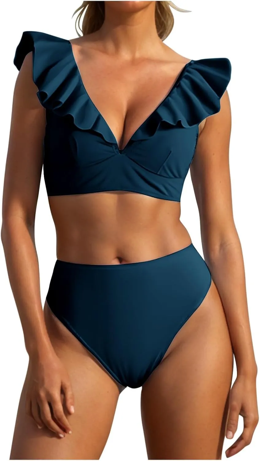 jsaierl Women's High Waisted Bikini Sets Tummy Control Swimsuits Ruffle Sleeve Two Piece Bathing Suit Sexy V Neck Swimwear